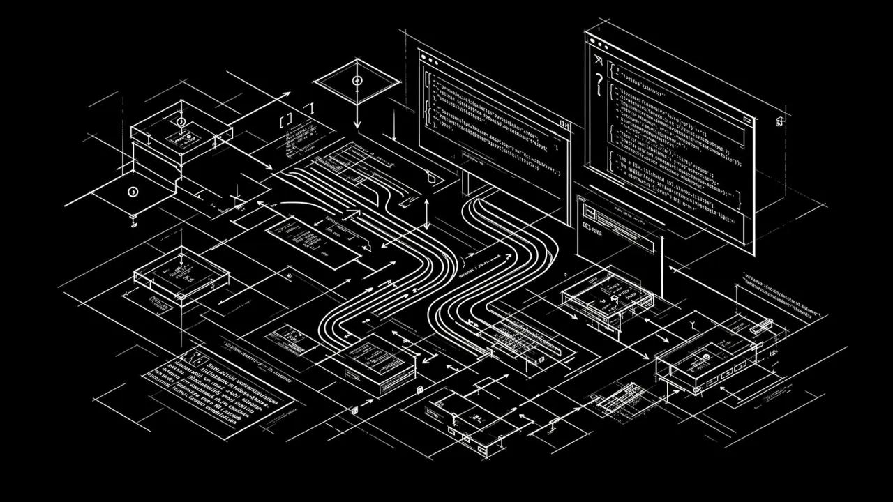 Isometric blueprint of code editors, automation pipelines and connected web modules — Aukode engineering